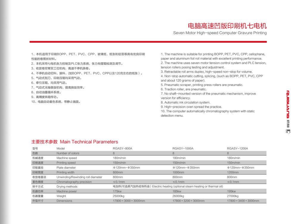 电脑高速摩杰凹版印刷机七电组技术参数